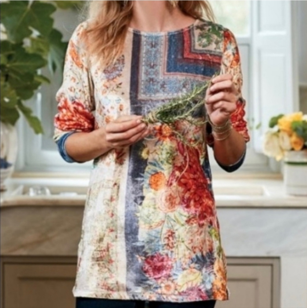 Soft Surroundings Floral Patchwork Tunic in Red, Blue, Cream